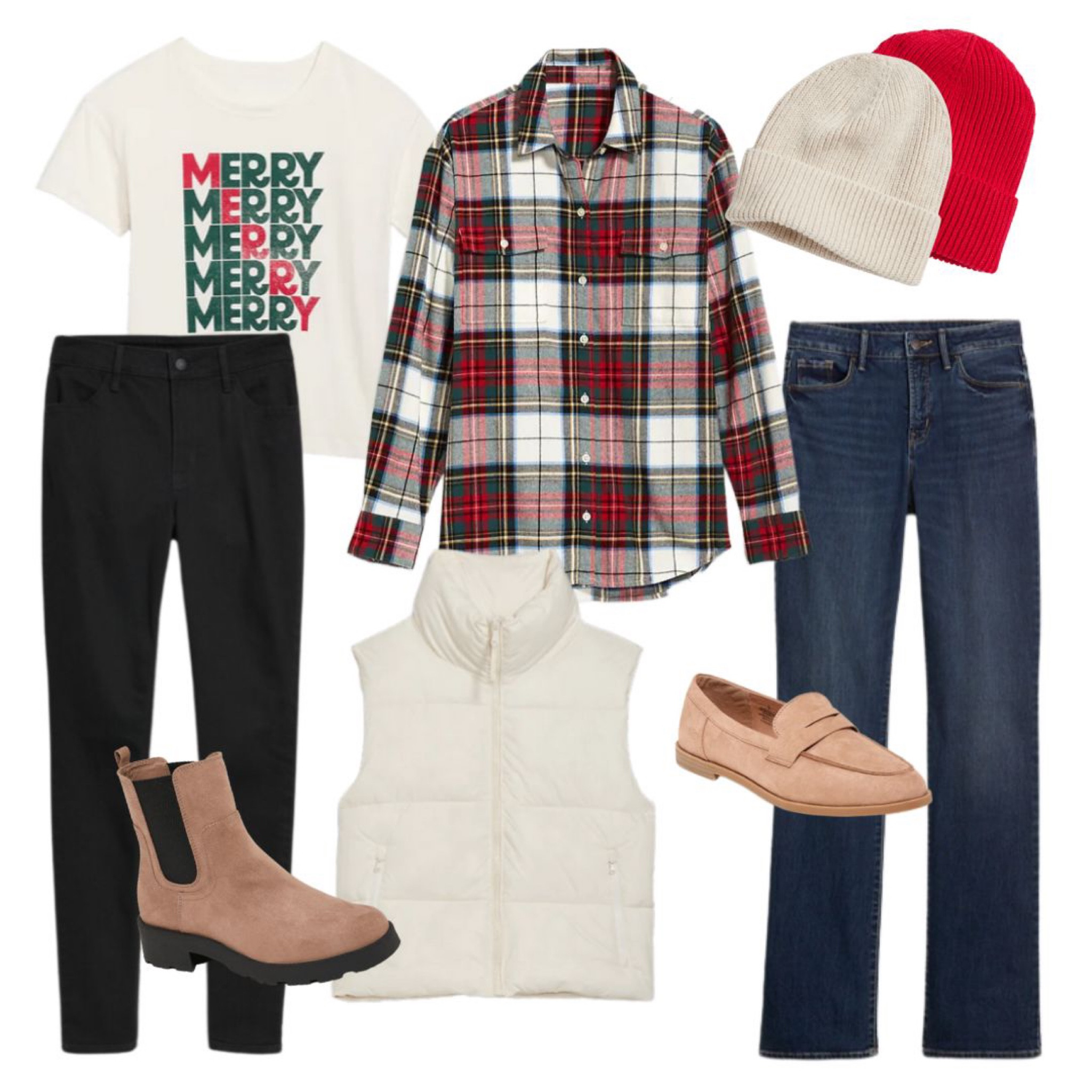 Holiday Outfit Inspiration, all from Old Navy. Plaid holiday shirt, Merry graphic tee, ivory puffer vest, ribbed beanies, bootcut jeans or skinny jeans, Chelsea boots or Loafers...

#LTKstyletip #LTKunder100 #LTKHoliday