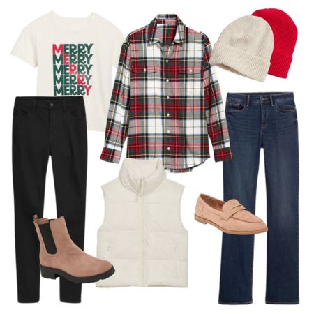 Holiday Outfit Inspiration, all from Old Navy. Plaid holiday shirt, Merry graphic tee, ivory puffer vest, ribbed beanies, bootcut jeans or skinny jeans, Chelsea boots or Loafers...

#LTKstyletip #LTKunder100 #LTKHoliday