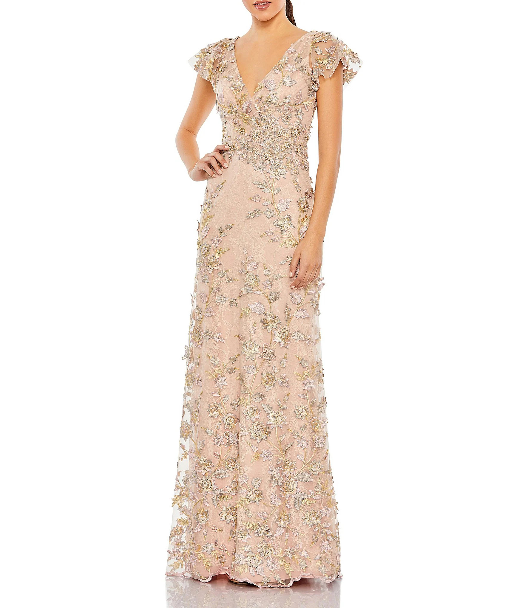 Mac Duggal Beaded Embroidered V-Neck Flutter Sleeve Gown | Dillard's | Dillard's