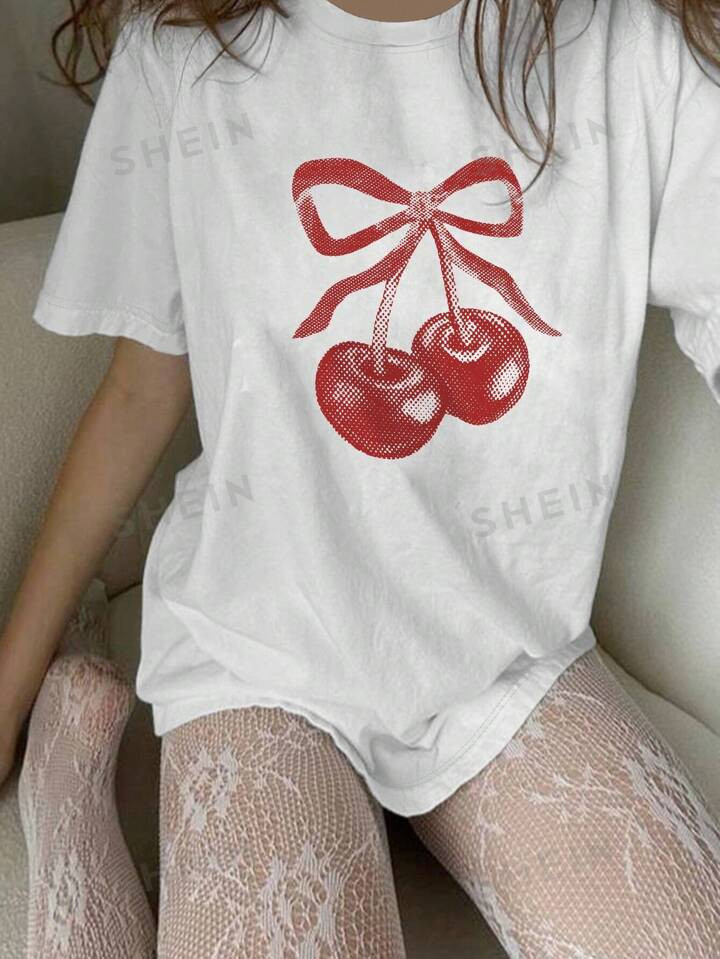 SHEIN EZwear Women's Summer Bowknot Printed Round Neck Short Sleeve Casual T-Shirt | SHEIN