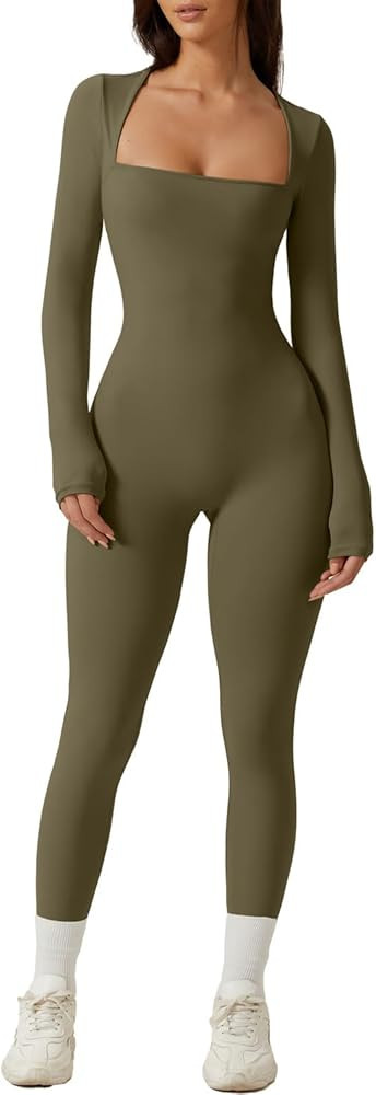 QINSEN Womens Sexy Square Neck Long Sleeve Full Length Leggings Bodycon Stretch Jumpsuit | Amazon (US)