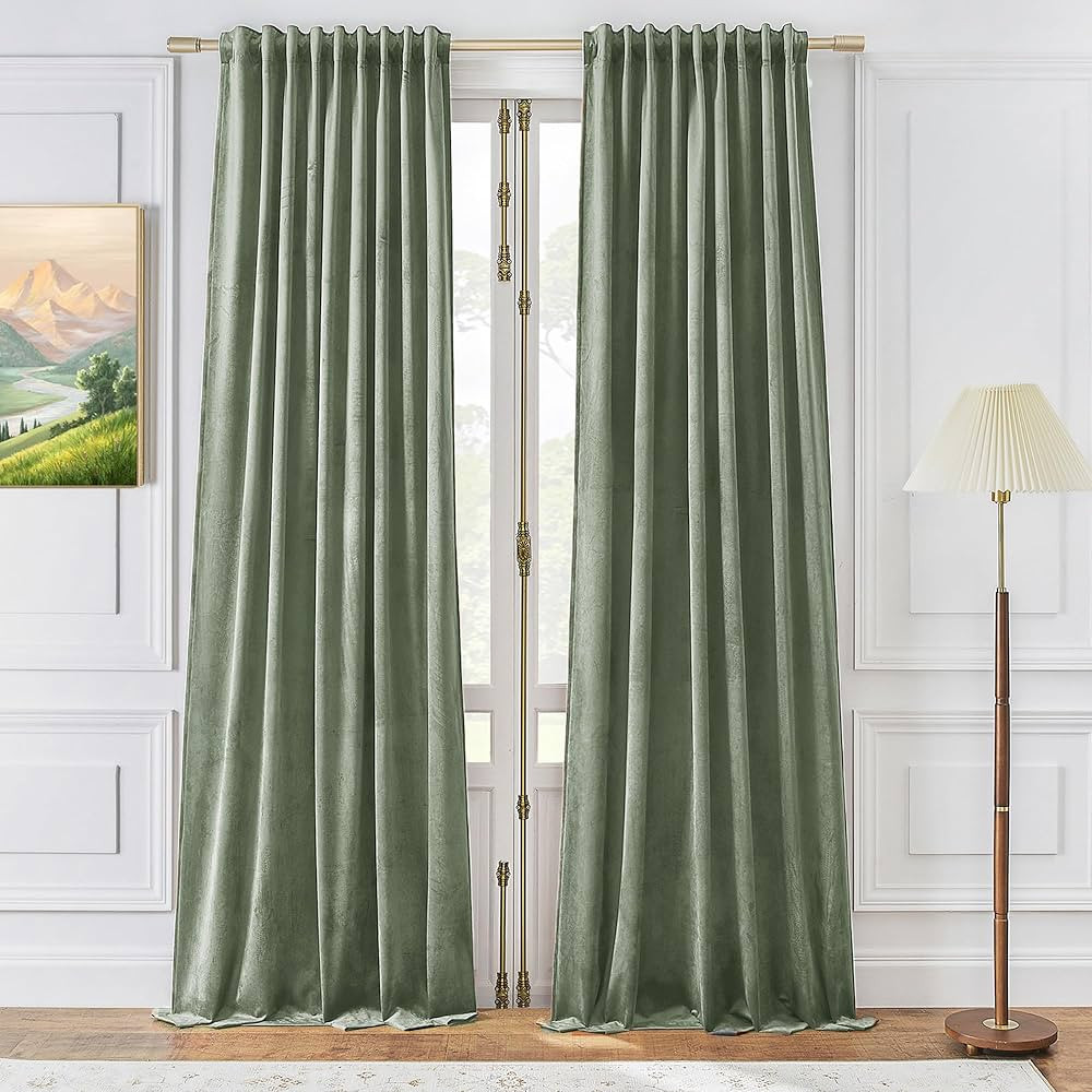 Timeper Sage Green Pleat Back Tab Velvet Curtains W52 x L108 inches 2 Panels, Room Darkening Soli... | Amazon (US)