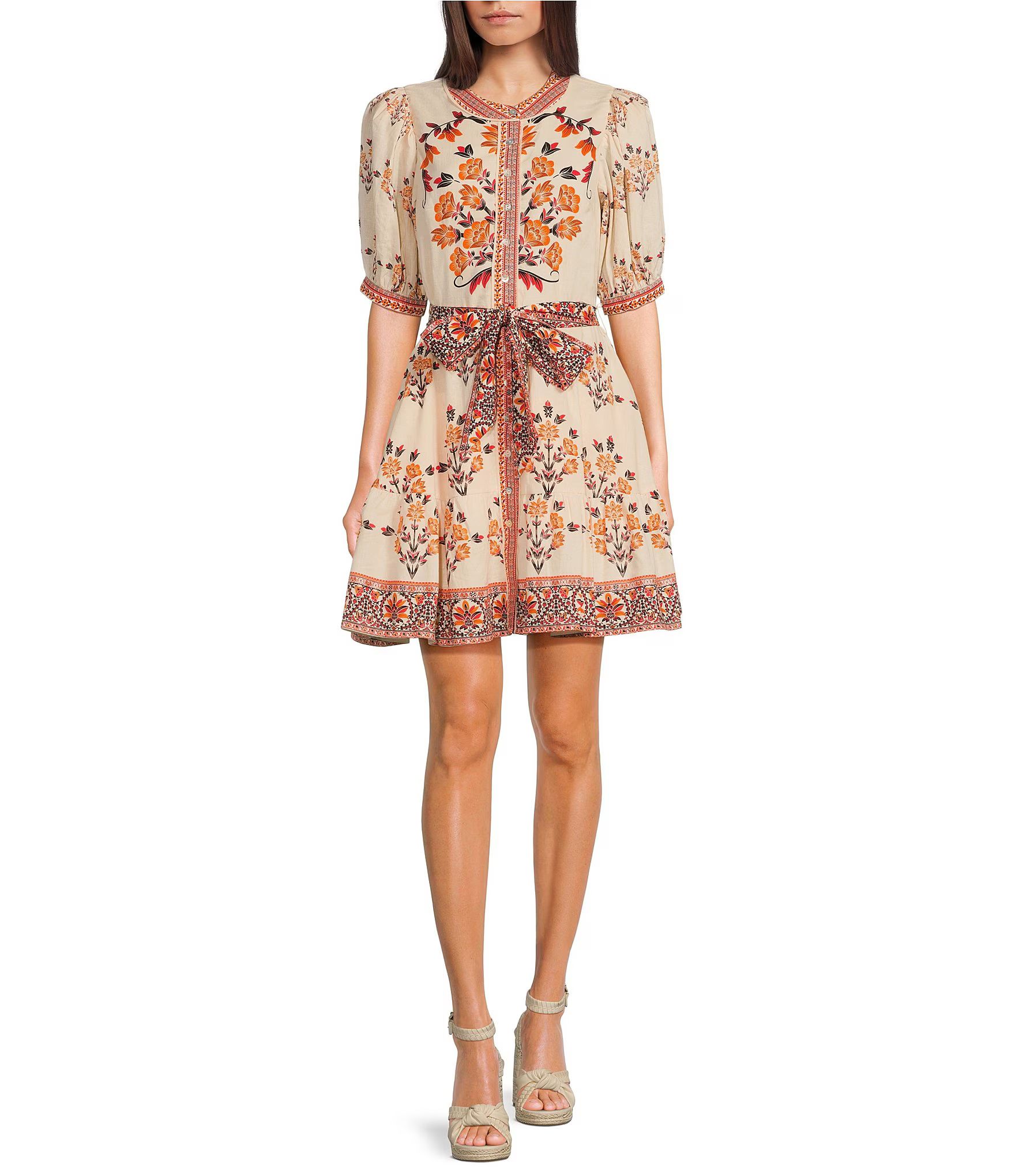 Floral Printed Bubble Sleeve Button Front Mini Dress | Dillard's