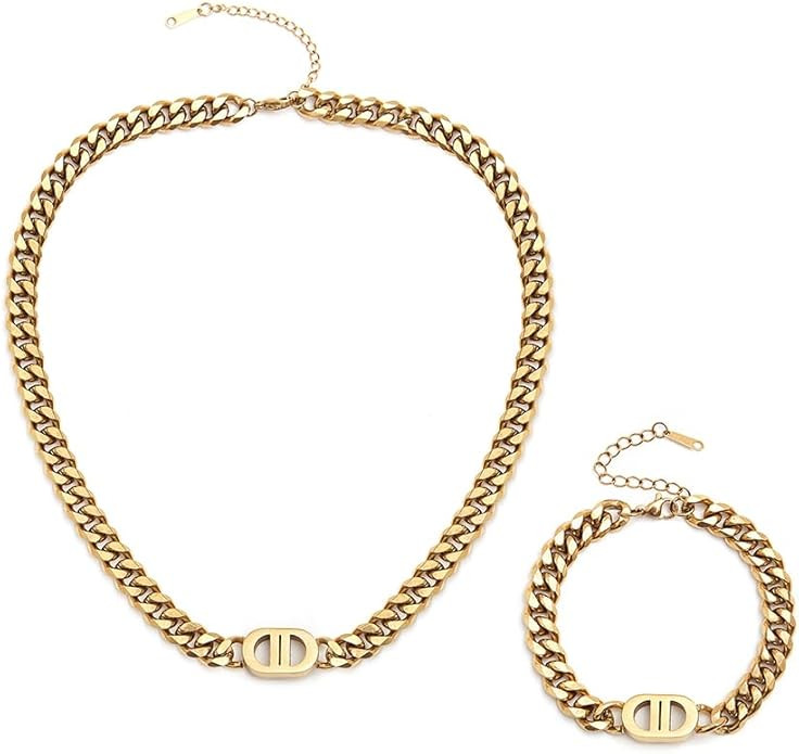 Gold Jewelry Set for Women,Classic 18K Gold Ladies' Letter Necklace and Bracelets,Elegant Cuban C... | Amazon (US)