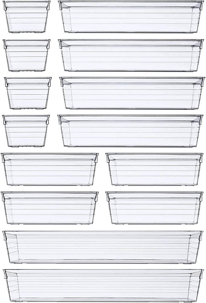 14 PCS Clear Plastic Drawer Organizer Tray for Makeup, Kitchen Utensils, Jewelries and Gadgets | Amazon (US)