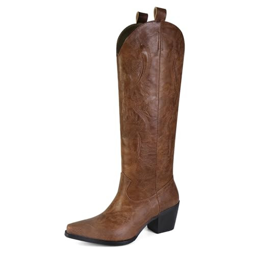 UBWDU Leather Cowboy Knee High Boots Women Pointed Toe Chunky Heel Embroidered Western Cowgirl Boots Brown Size 9.5 | Amazon (US)