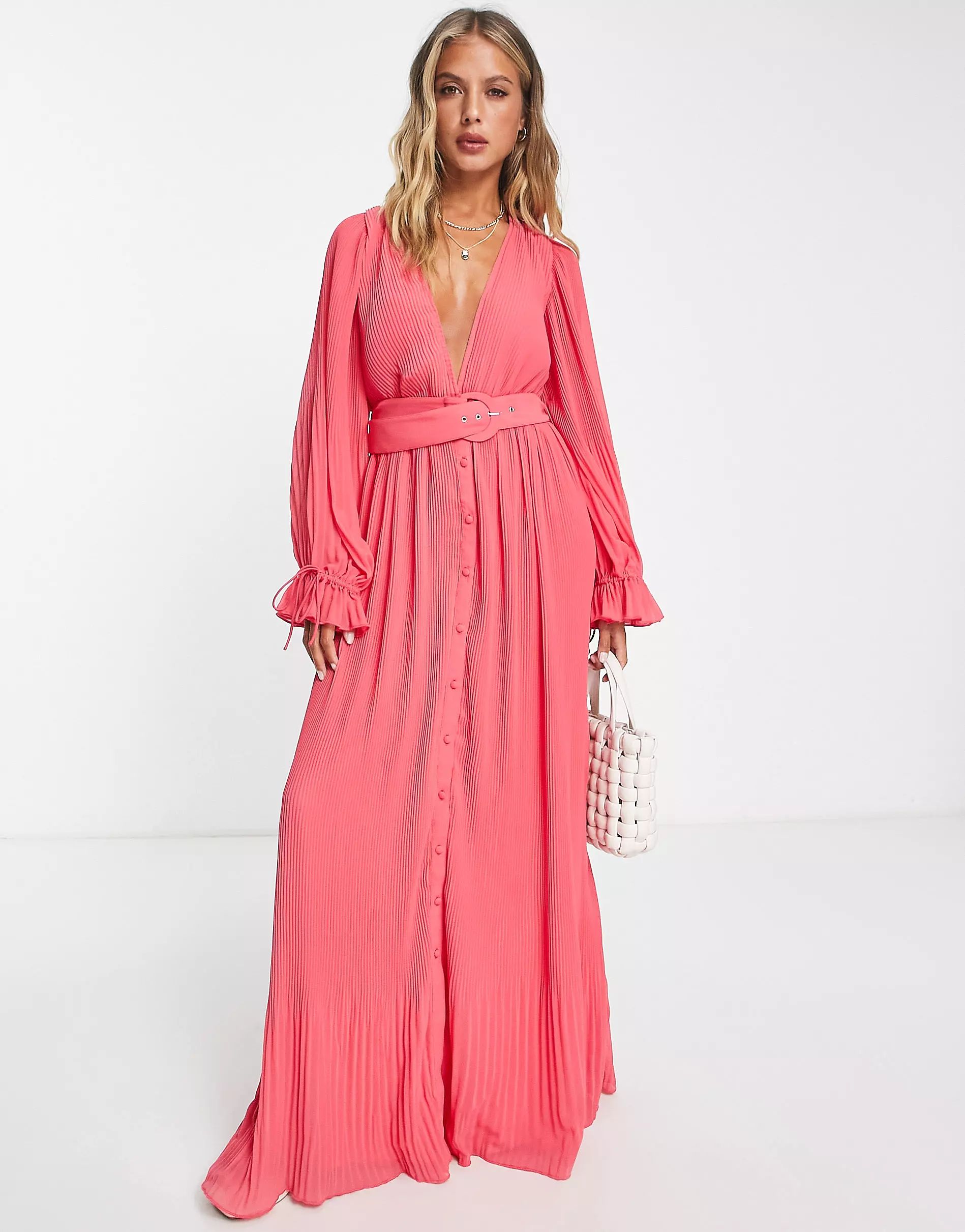 ASOS DESIGN pleated blouson sleeve maxi dress with belt detail in pink | ASOS (Global)