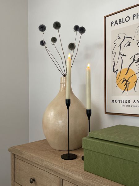 Office decor, flameless taper candle, black candlestick, amazon, pottery barn vase, amazon Picasso artwork 

#LTKhome #LTKunder50