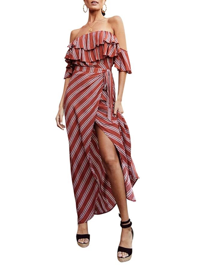 BerryGo Women's Sexy Off Shoulder Ruffle Maxi Dress Striped Long Dress with Split | Amazon (US)