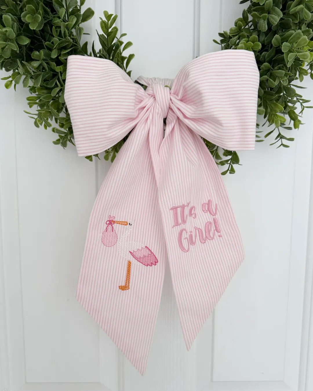 Pink Stork Seersucker Bow Wreath Sash - Customized Wreath Sash - Wreath Sash - Personalized Gift ... | Etsy (US)