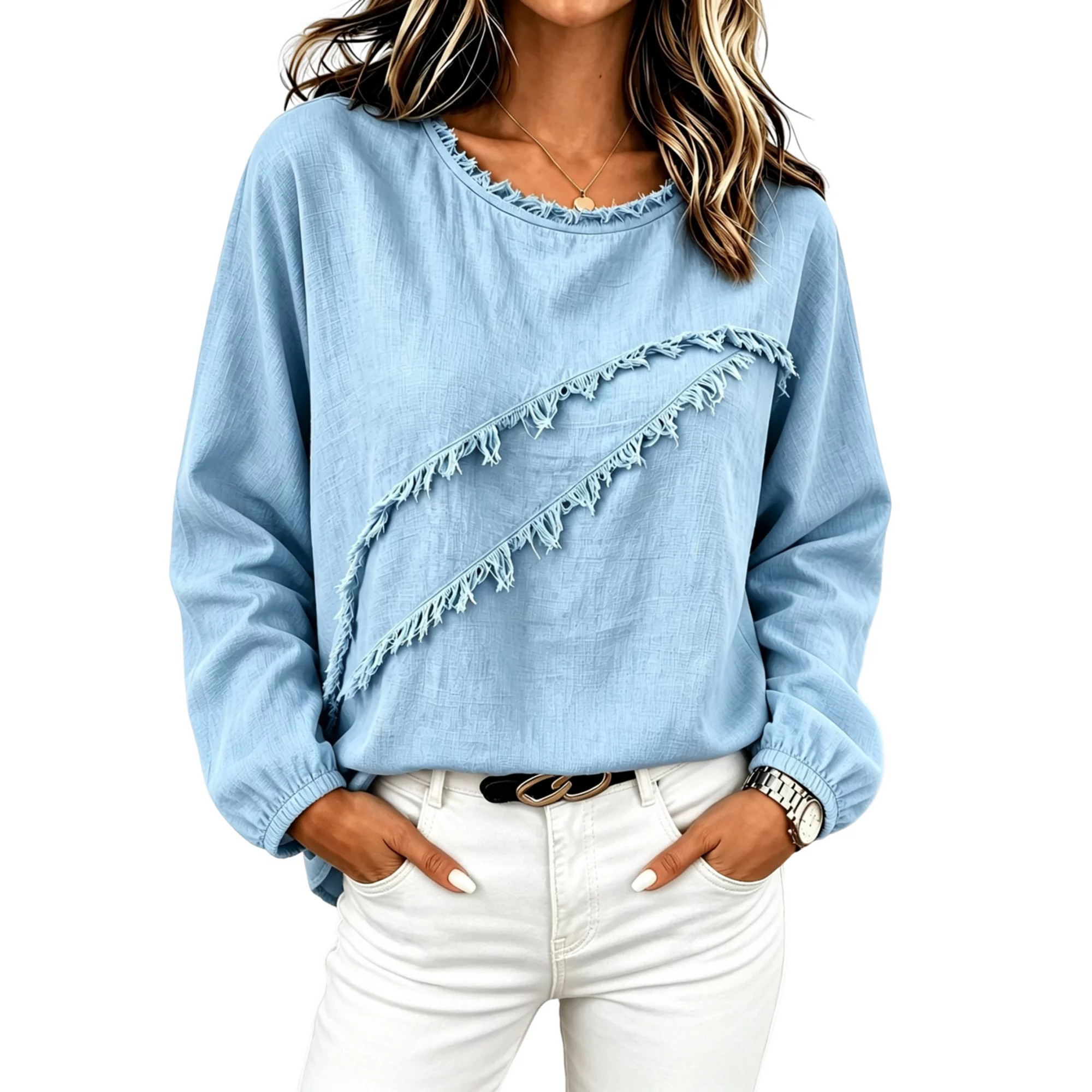 Women's Fringe Trim Round‑Neck Shirt Loose Drop‑Shoulder Solid Casual Blouses | Kohl's