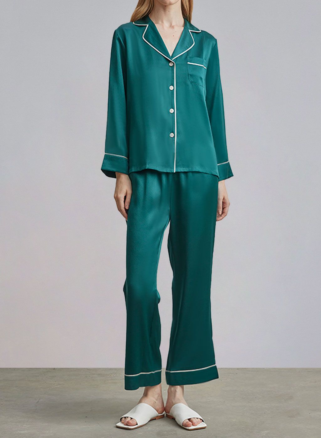 Lapel Collar Piped Silk Pajama Set | Silk Maison