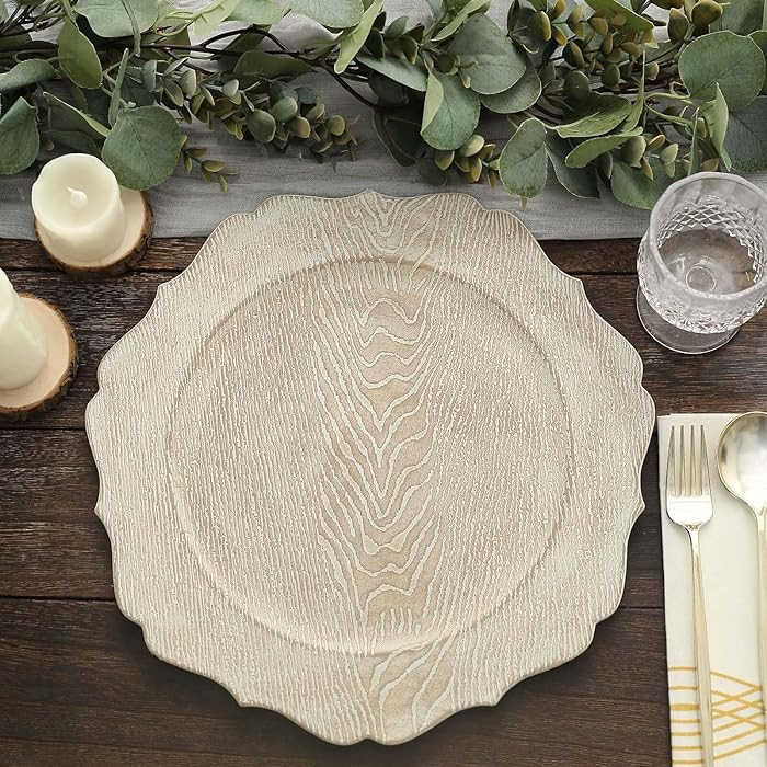 Efavormart 6 Pack | 13" Rustic White Wooden Textured Acrylic Charger Plates With Scalloped Rim | Amazon (US)