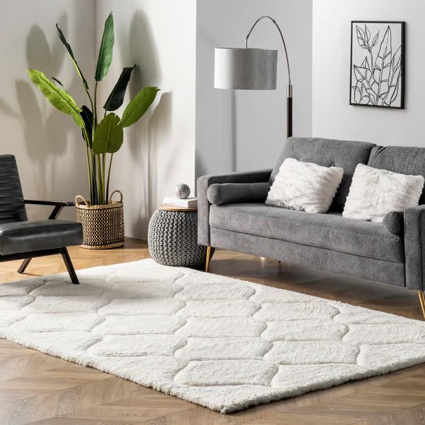 White Super Soft Luxury Shag with Carved Trellis Area Rug | Rugs USA