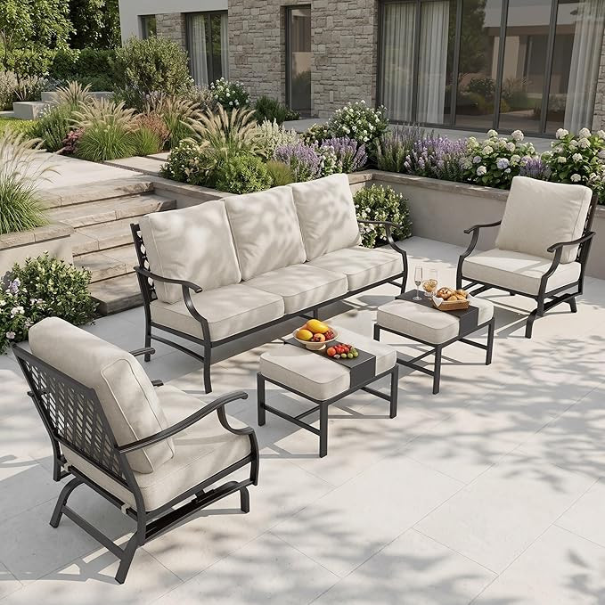 HERA'S HOUSE 5 Pieces Patio Furniture Set, 2 x Cushioned Rocking Chair, 2 x Ottoman, 1 x 3-Seat S... | Amazon (US)