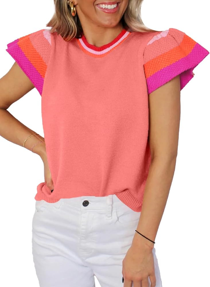 SHEWIN Womens Summer Cap Sleeve Tops Casual Crewneck Loose Fit Knit Lightweight Sweater Pullover ... | Amazon (US)