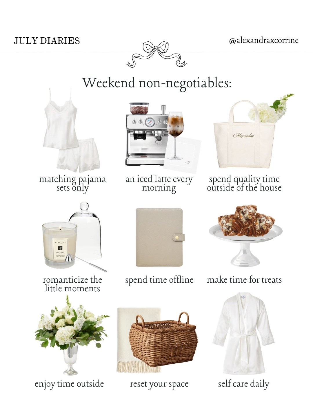 My weekend non-negotiables this summer: ☕️🤍🌳🧺

#summermorning #summeraesthetic #nancymeyersaesthetic #moodboardaesthetic #pinterestinspo 

[ summer weekend mornings, Nancy Meyers summer aesthetic, chic classic summer mood board, summer homebody lifestyle, Pinterest mood board aesthetic ]

#LTKSeasonal #LTKmorningroutine #LTKselfcare