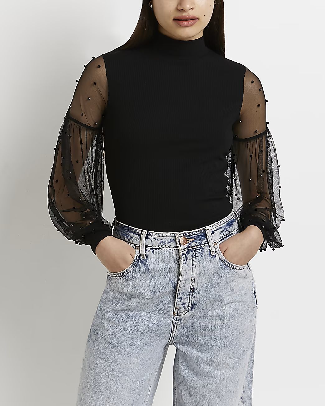 River Island Womens Black pearl embellished mesh sleeve top | River Island (US)