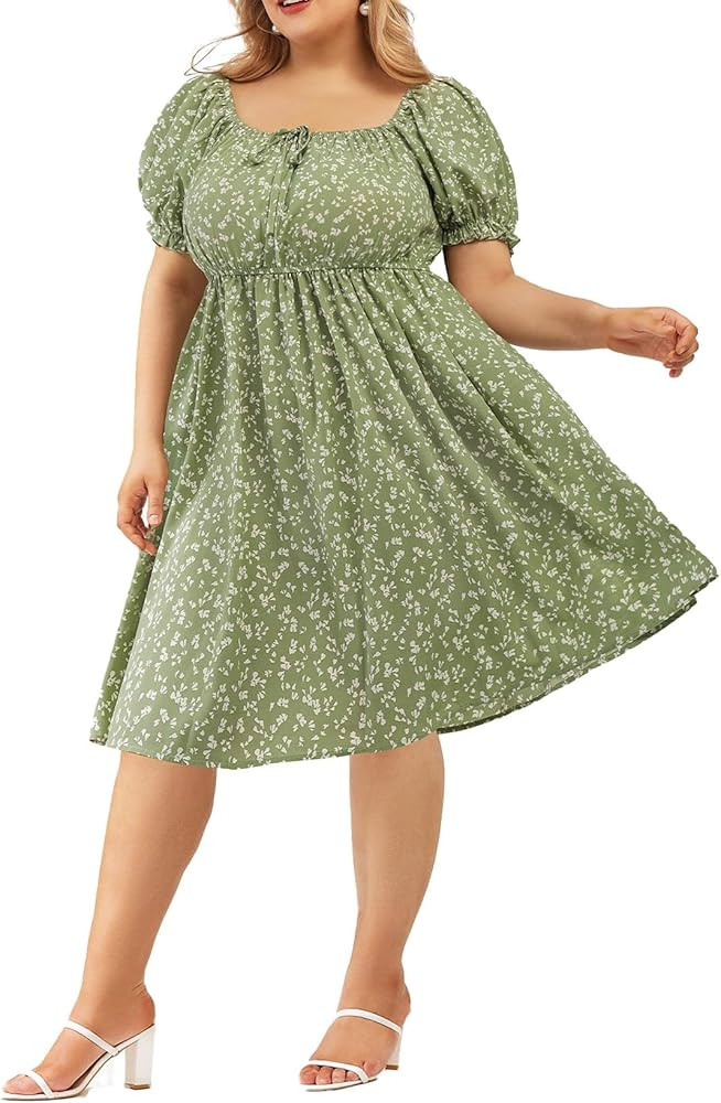 RITERA Plus Size Dresses Puff Short Sleeve Square Neck Summer Dress Flowy A-line Bohemian Floral ... | Amazon (US)