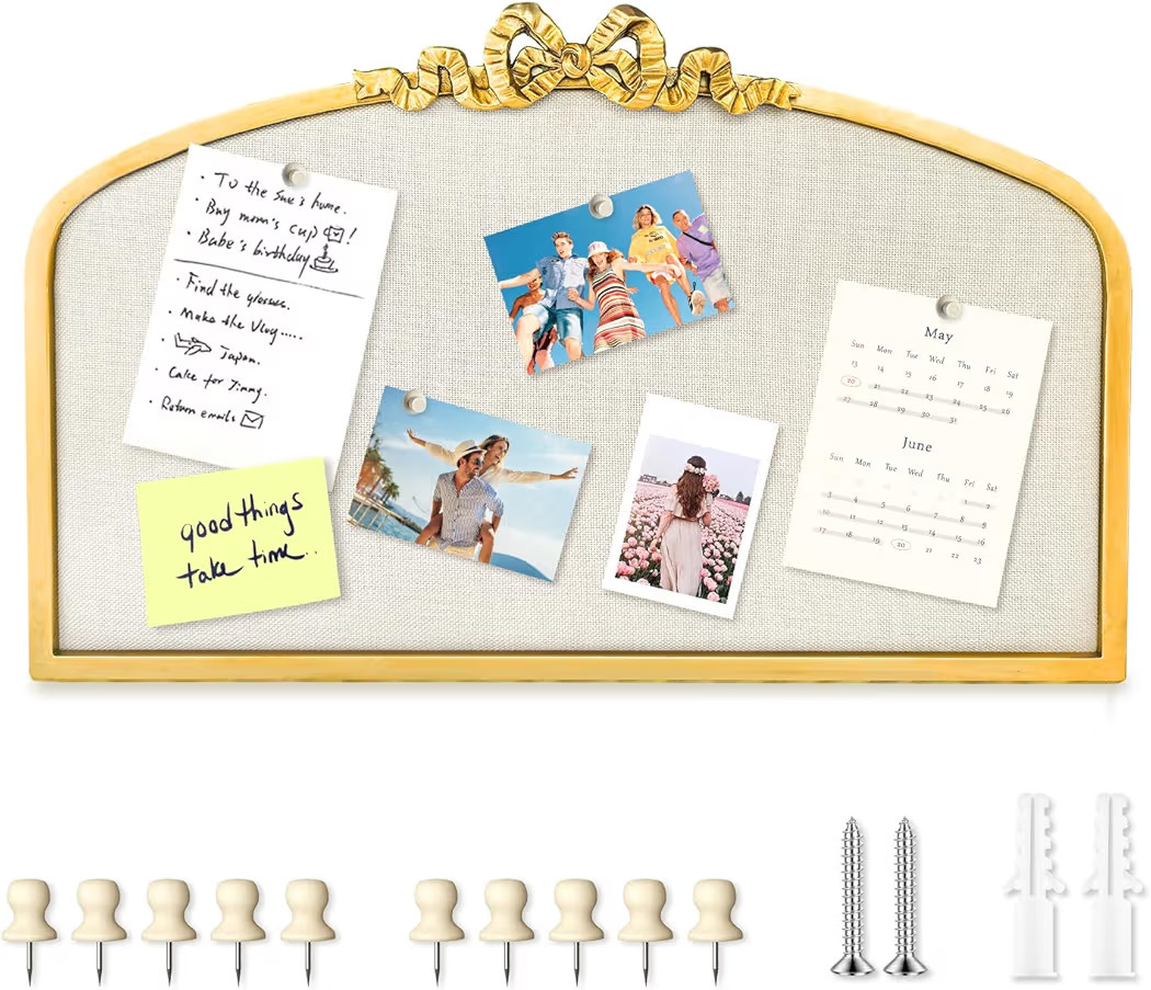 Vintage Arched Linen Cork Bulletin Board with Gold Bow – 24"x 15" Elegant Decorative Pin Board ... | Amazon (US)