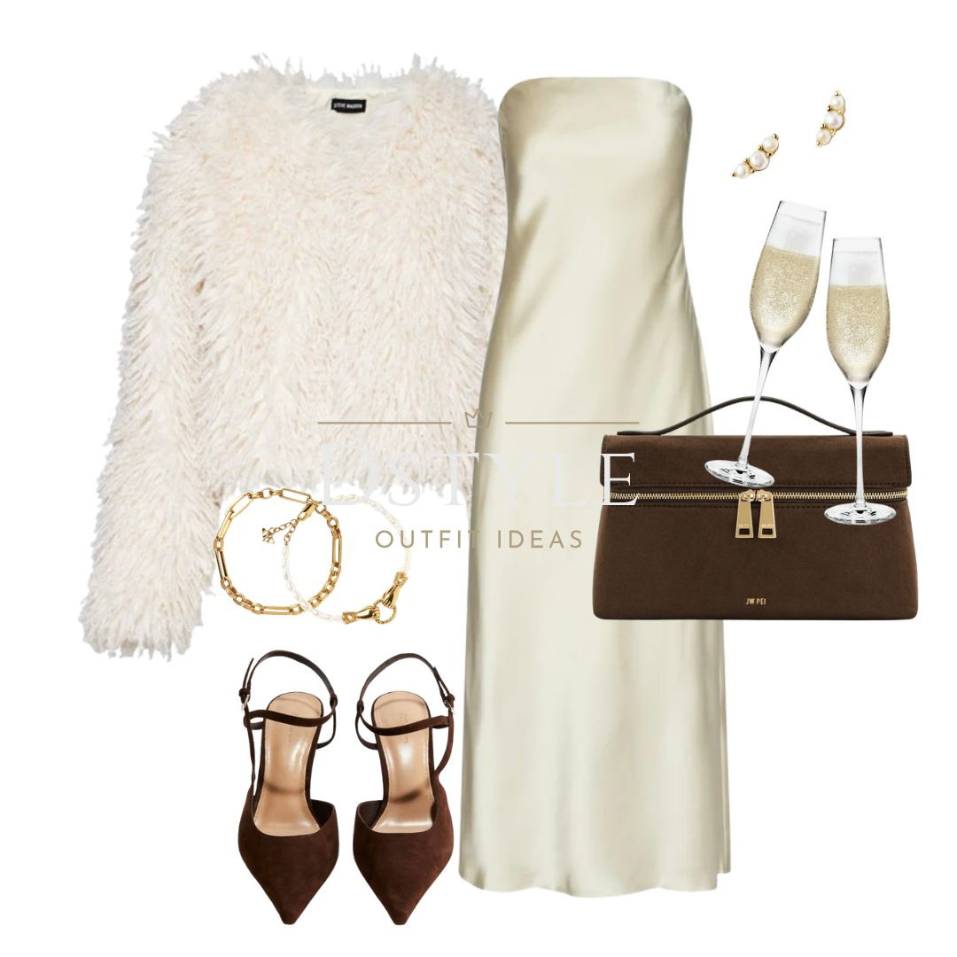 Ivory strapless flowy dress, cream faux fur jacket, dark brown pointed shoes, mocha brown bag
 

#LTKParties #LTKHoliday #LTKSeasonal