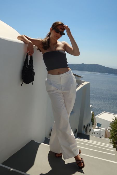 Summer outfit, Santorini outfit, Vacation outfit Inspo, y2k aesthetic, summer style, bandeau top, white trousers, Zara outfit, casual style, mid rise trousers, Greece outfit, holiday wardrobe, 90s style 

#LTKtravel #LTKeurope #LTKstyletip