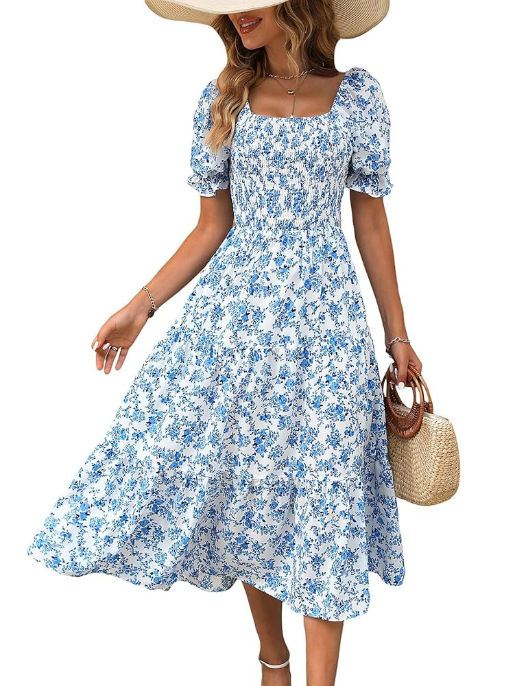 MakeMeChic Women's Allover Floral Print Puff Short Sleeve Midi Summer Dress Ruffle Square Neck Hi... | Amazon (US)