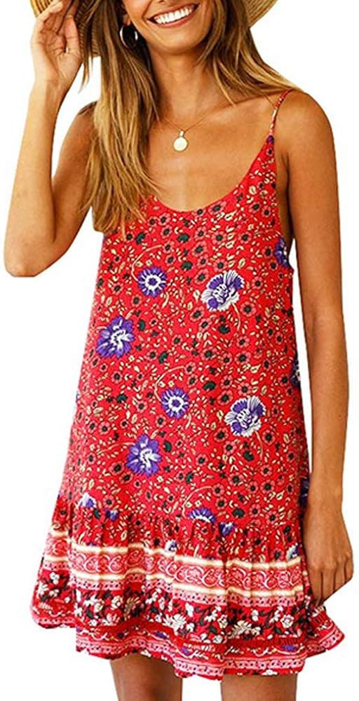 Womens Boho Floral Printed Dress Summer Sleeveless Adjustable Strap Beach Mini Dress with Pockets | Amazon (US)
