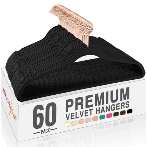 HOUSE DAY Black Velvet Hangers 60 Pack, Premium Non-Slip Felt Hangers, Sturdy Black Clothes Coat Hanger Heavy Duty, Durable Suit Hanger for Space Saving, No Marks Gold Hook | Amazon (US)