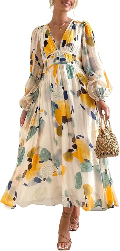 Sissyaki Women's Boho Floral Midi Dress Smocked Beach Flowy Dress | Amazon (US)