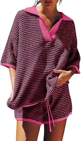 Tankaneo Womens Sweater Set 2 Piece Outfits Oversized 3/4 Sleeve V Neck Knit Tops High Waisted Sh... | Amazon (US)