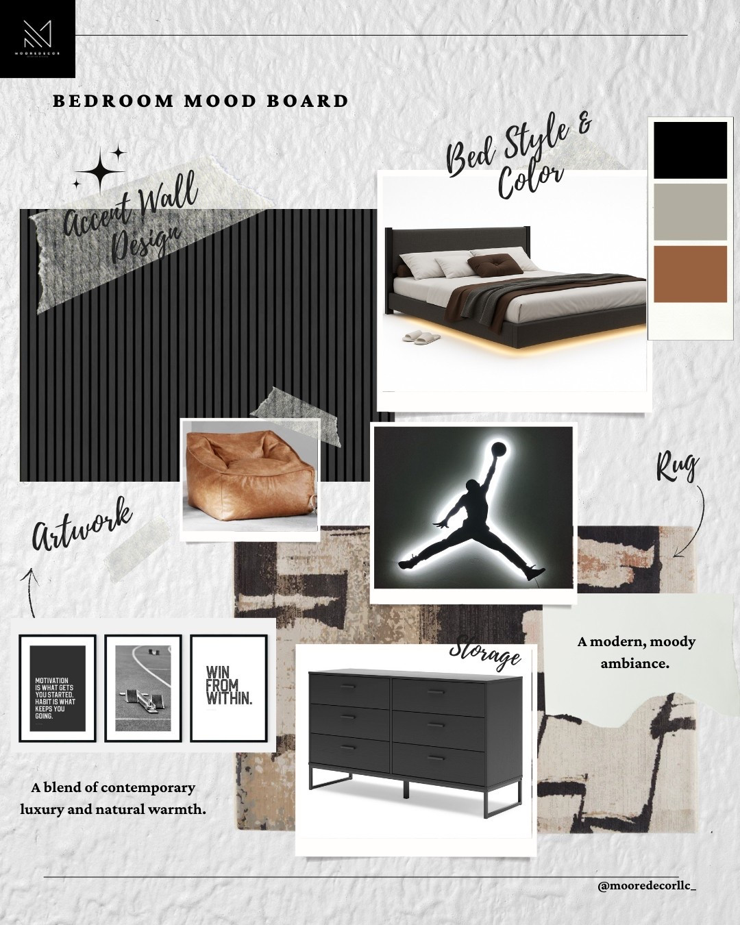 This teen bedroom mood board blends sleek black tones with warm cognac and soft neutrals for a space that feels bold yet grounded. From the graphic accent wall and floating LED bed to the athletic-inspired artwork and cozy textures—every detail brings contemporary luxury with a personal edge.
Shop the look and bring this vibe home!

#TeenRoomDesign #ModernBedroom #LTKhome #InteriorInspo #MoodyInteriors #ContemporaryStyle #RoomMakeover #DesignWithDanielle #MooreDecorStyle

#LTKStyleTip #LTKKids #LTKHome