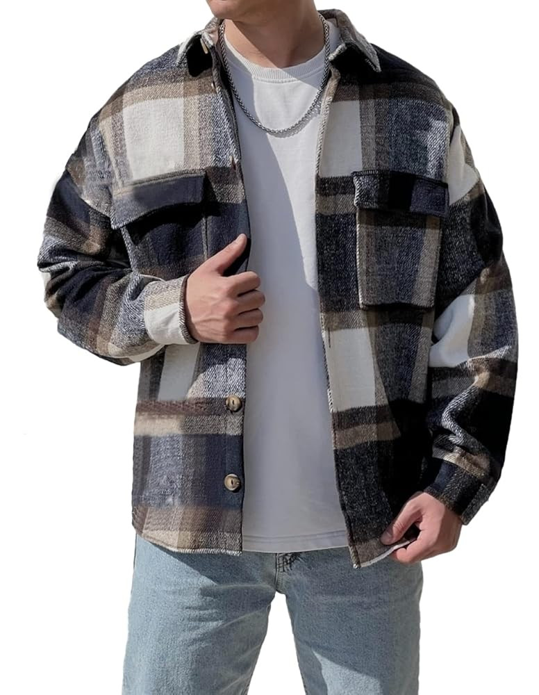 Men's Casual Warm Plaid Wool Blend Jacket Fleece Relaxed Fit Button Up Long Sleeve Shacket Shirt ... | Amazon (US)