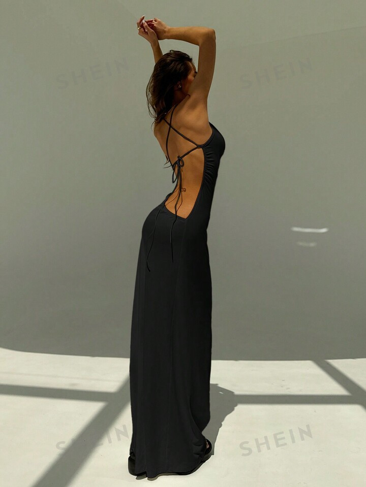 SHEIN Aloruh White Backless Spaghetti Strap Tight Deep Draped Neck Long Dress For Women | SHEIN