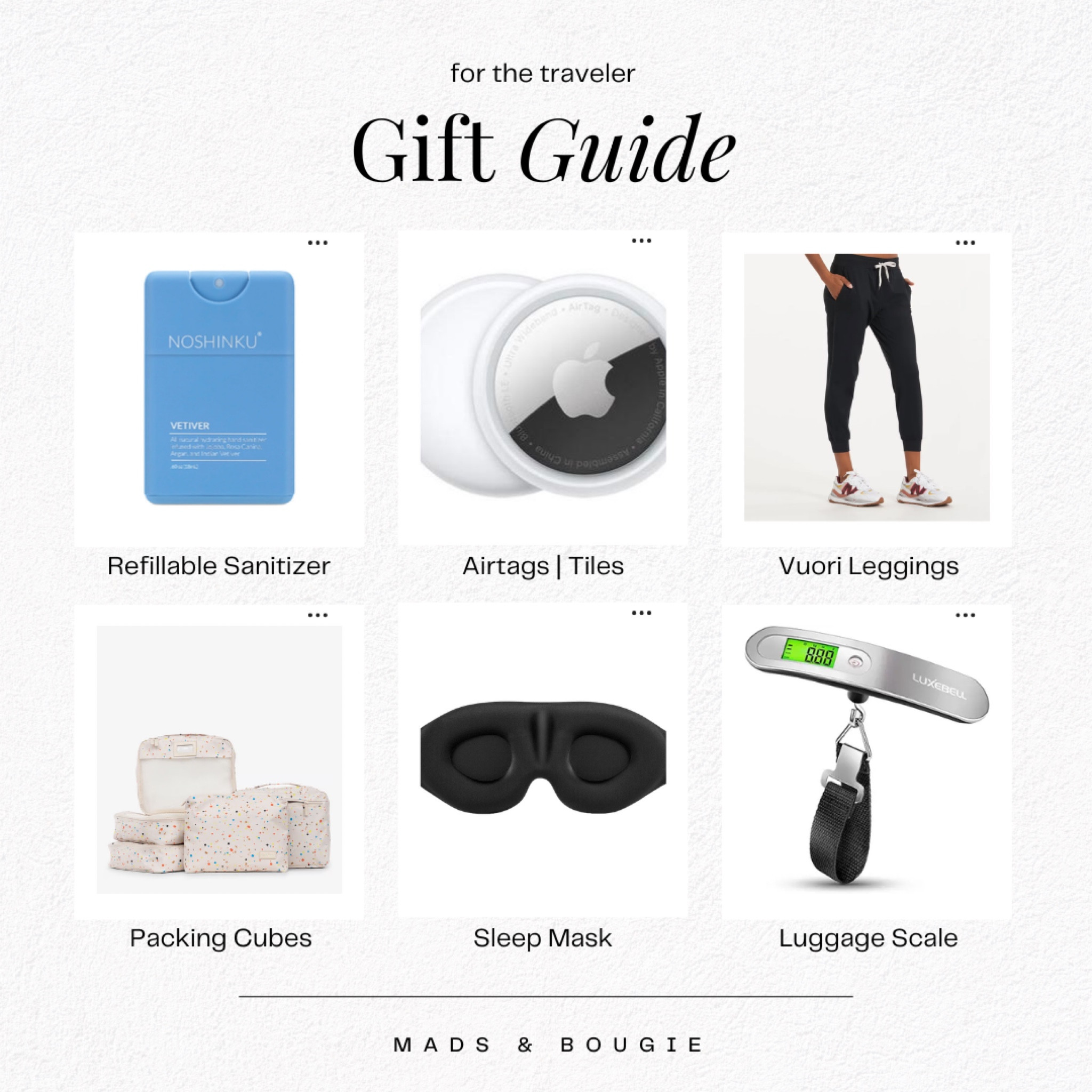 “✨ Perfect Gifts for the Traveler ✨ Whether they’re jetting off to tropical destinations or heading out for a weekend getaway, these travel essentials make the perfect presents! From AirTags to keep their belongings safe, to packing cubes for organized adventures, and even comfy Vuori leggings for long flights – this guide has it all. 🎁✈️

Shop the ultimate gift guide for travelers and make their journeys more enjoyable. Don’t forget the luggage scale to avoid airport surprises!

#TravelGiftGuide #GiftsForTravelers #HolidayGiftIdeas #PackingEssentials”