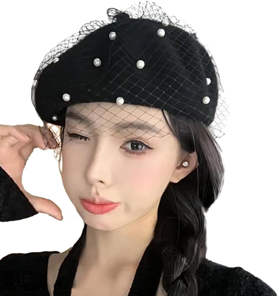 SIQITECHNO Berets Hat with Pearl French Beret Hats for Women Beret with Mesh Solid Color Hat for ... | Amazon (US)