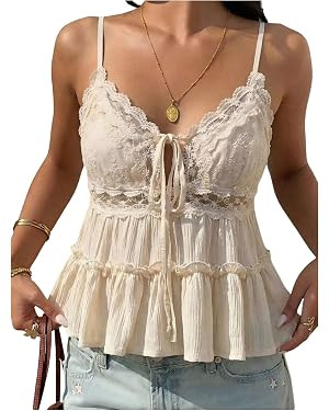 Women Lace Ruffled Hem Tank Top Sleeveless Front Tie Cami Tops       Send to LogieInstantly adds ... | Amazon (US)