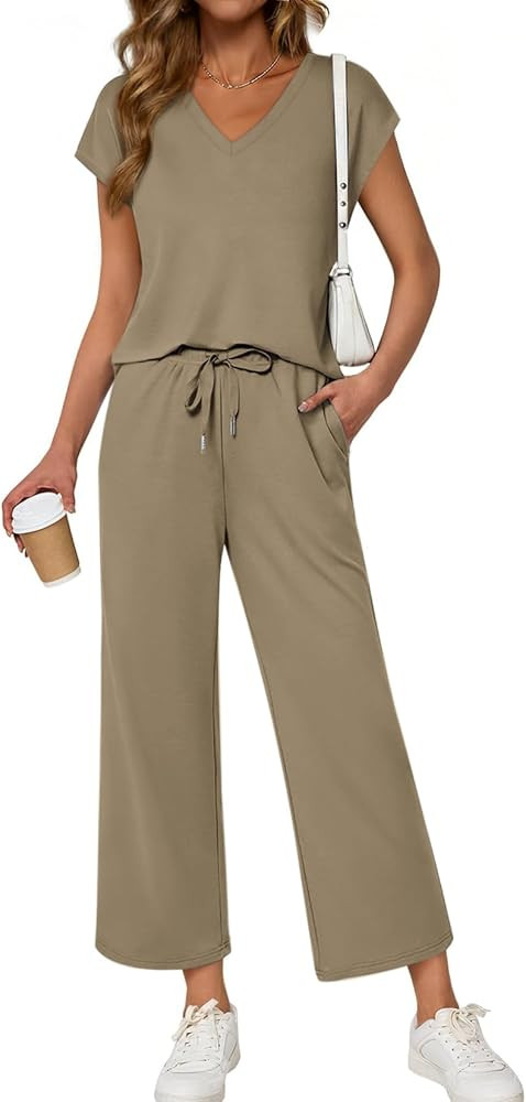 ATHMILE Two Piece Sets for Women Spring Summer Travel Airport Vacation Outfits Lounge V Neck Tops... | Amazon (US)