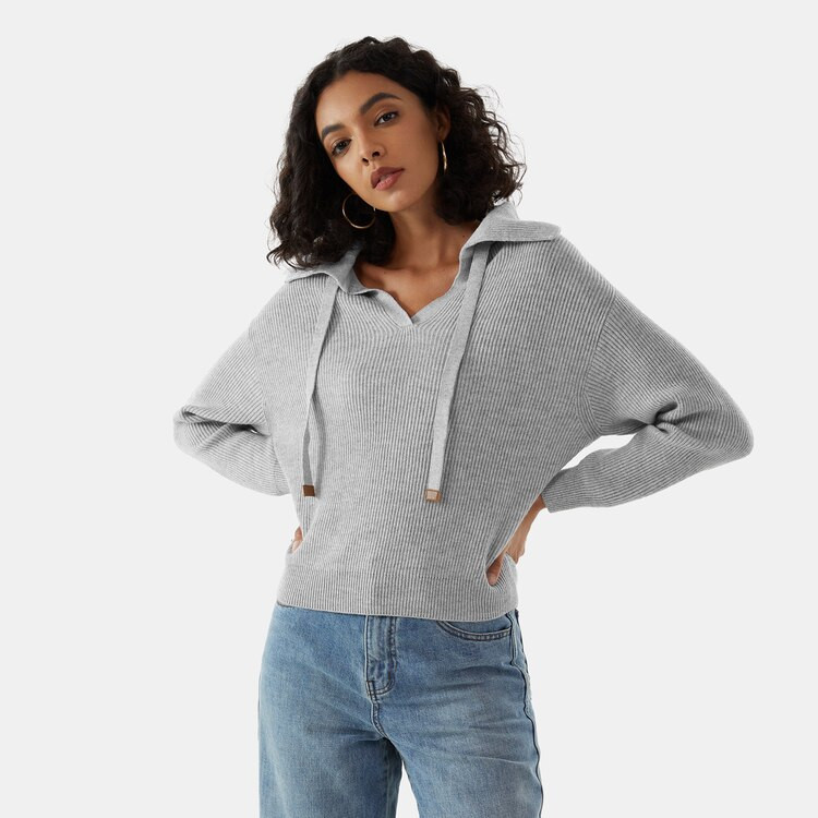 Wool Polo Sweater-Pale Grey | VIVAIA