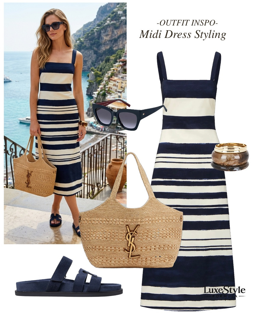 The stripe dress every European vacation is missing 🇮🇹

striped midi dress, summer dress, midi dress, maxi dress, vacation dress, holiday dress,  navy and white striped dress, summer midi dress outfit, coastal grandmother outfit, quiet luxury summer style, Amalfi Coast outfit, Italy vacation outfit, resort wear 2026, woven straw tote bag, YSL raffia bag, oversized tortoise sunglasses, tortoise shell cuff bracelet, navy suede slide sandals, old money summer aesthetic, effortless summer outfit, elevated vacation style, European summer outfit, striped dress styling, luxestyleformula

#LTKTravel #LTKootd #LTKSeasonal