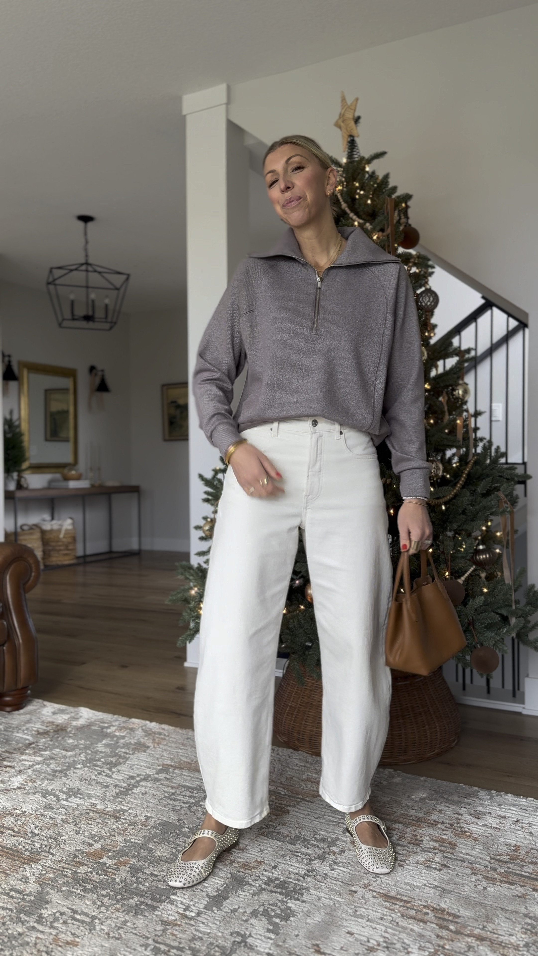 Holiday outfit: shimmer half zip, cream jeans + statement flats 

#LTKHoliday #LTKGiftGuide #LTKCyberWeek