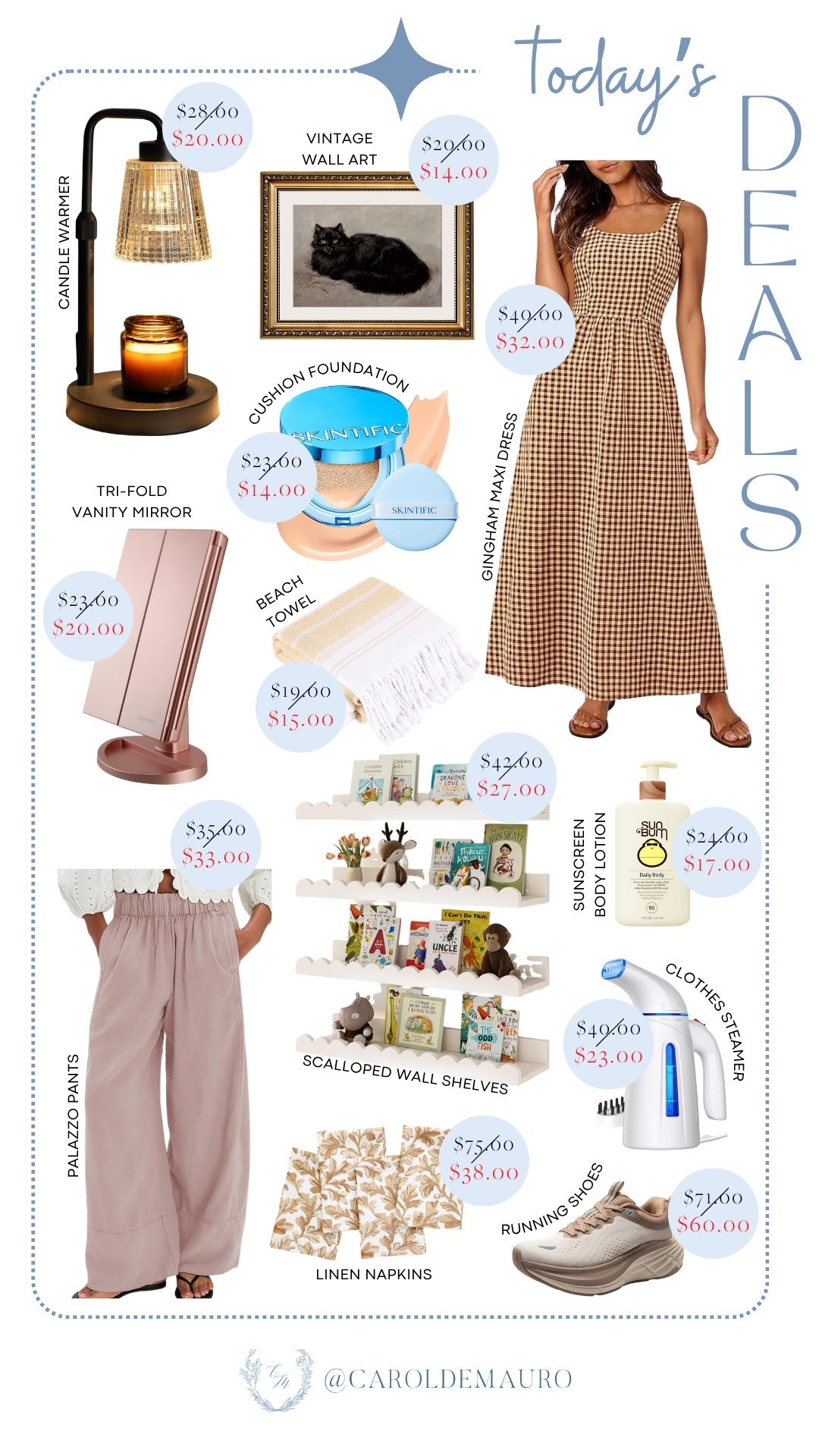 Score some amazing finds for your home and wardrobe with today's deals! Get a new candle warmer, vintage wall art, scalloped wall shelves, linen napkins, Skintific cushion foundation, tri-fold vanity mirror, beach towel, sunscreen body lotion, palazzo pants, gingham maxi dress, and running shoes.

spring dresses, vacation outfit, home decor, beach essentials, makeup trend, vanity mirror, nursery shelf, home finds

#LTKootd #LTKHome #LTKSaleAlert