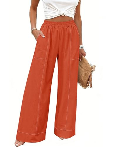 Rapbin Womens Elastic Waist Palazzo Pants Casual Wide Leg Pant Baggy Lounge Trousers with Pockets | Amazon (US)