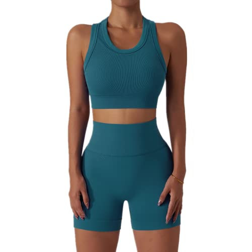 Women 2 Piece Seamless Gym Workout Sets Ribbed High Waist Biker Shorts with Racerback Sports Bra Yoga Crop Tank Top Yoga Exercise Outfit Teal Large | Amazon (US)