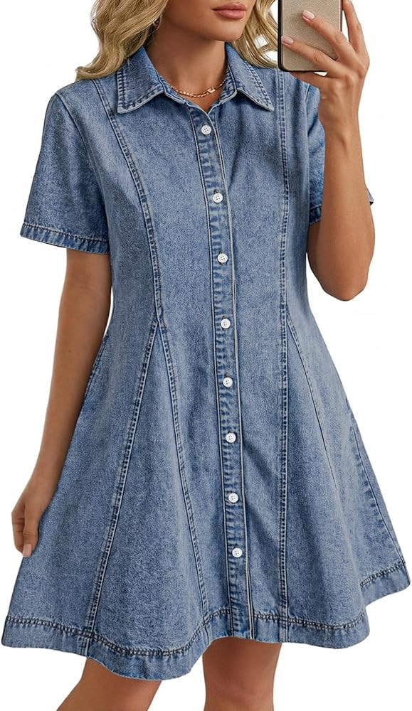 LILLUSORY Women‘s Denim Dress - Knee Length Button Down Casual Short Sleeves Jean Dress | Amazon (US)