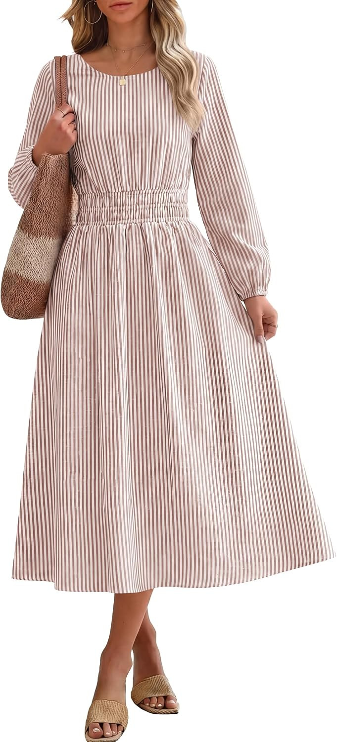 ANRABESS Women's Long Sleeve Striped Fall Midi Dress with Pockets | Amazon (US)