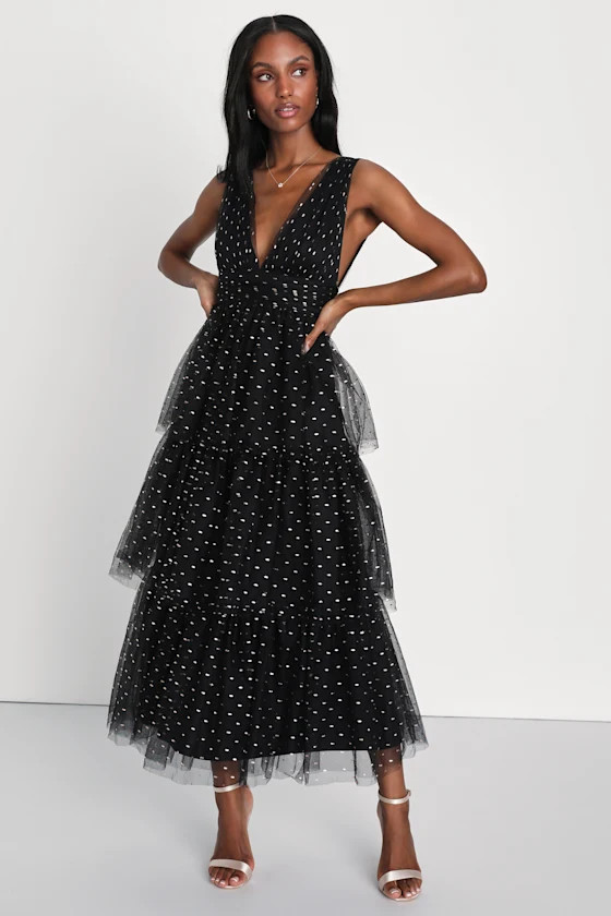 Decadent Impression Black Tulle Tiered Shiny Dot Midi Dress | Lulus