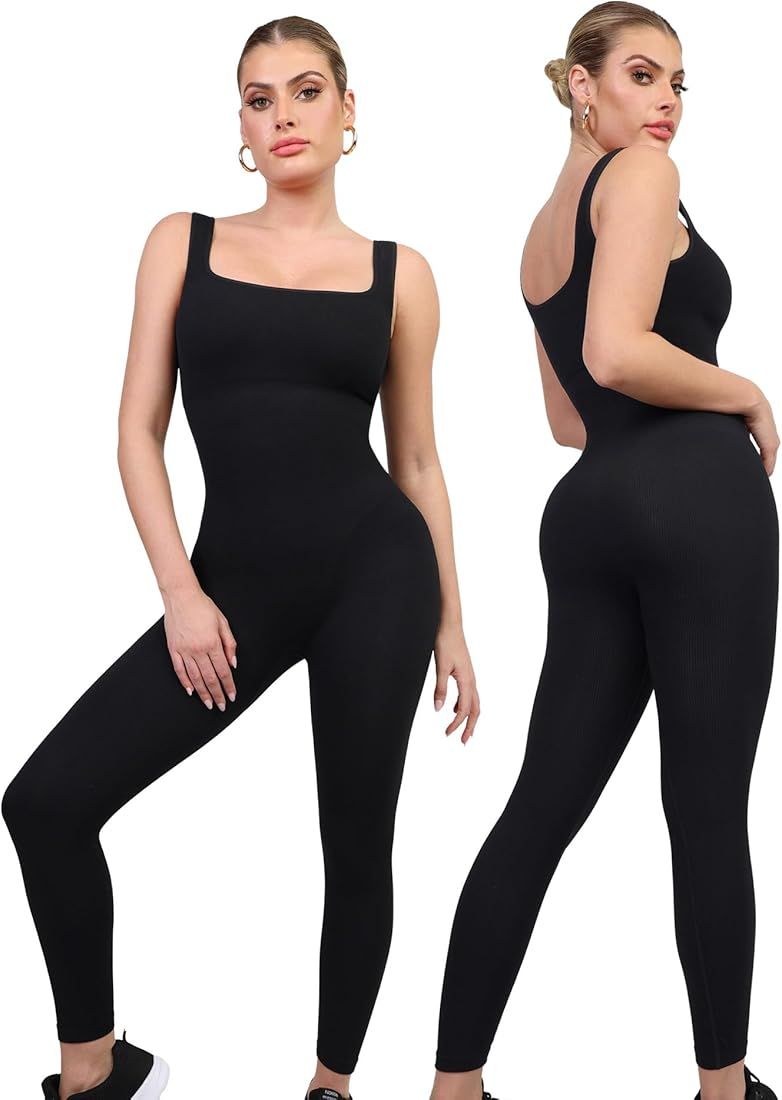 Popilush Jumpsuits for Women Built-In Bra Rompers Seamless Ribbed Outfits Yoga Sleeveless Workout... | Amazon (US)