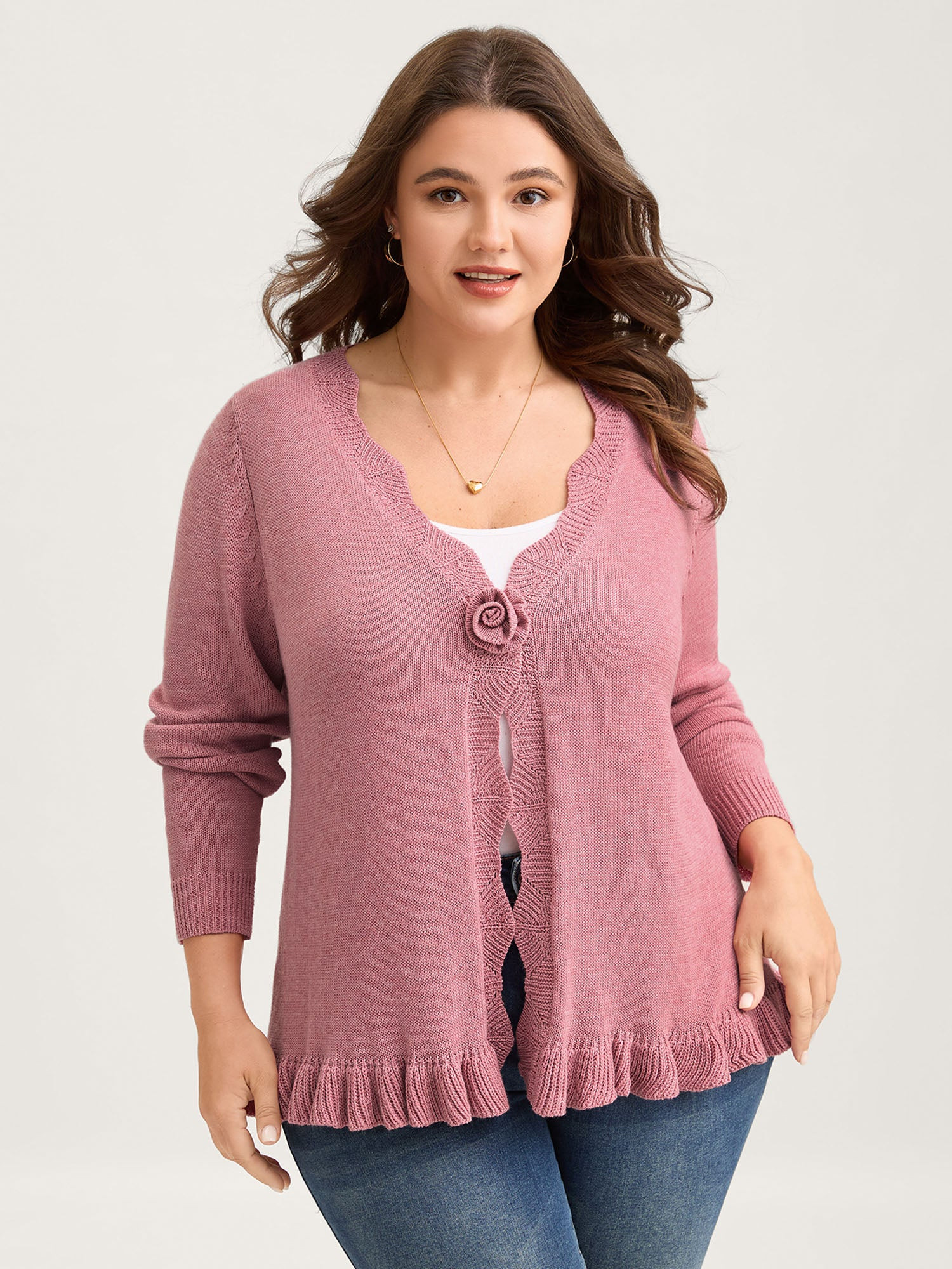 Supersoft Textured Floral Button Ruffled Hem Knit Cardigan | Bloomchic