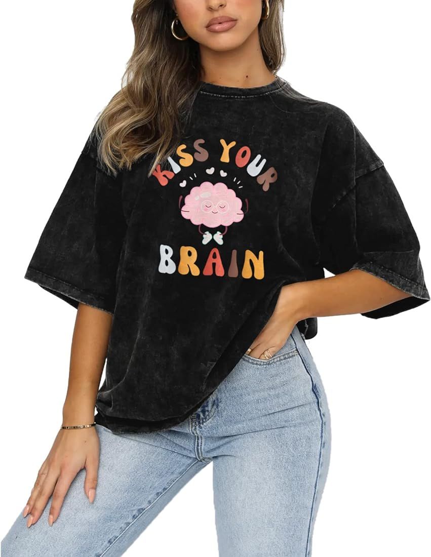 Kiss Your Brain Teacher Shirt for Women Cute Funny Teach Graphic Distressed Tshirt Casual Teacher... | Amazon (US)